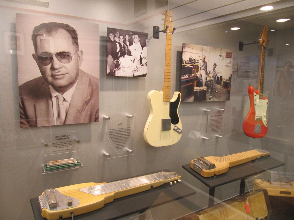 Leo Fender and early guitar models at the Fender Guitar Factory Museum
