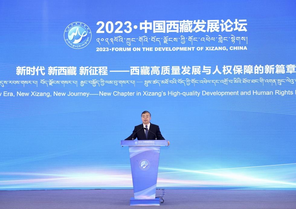 Li Shulei, a member of the Political Bureau of the Communist Party of China (CPC) Central Committee and head of the Publicity Department of the CPC Central Committee, at the 2023 "Forum on the Development of Xizang, China'' in Beijing​.