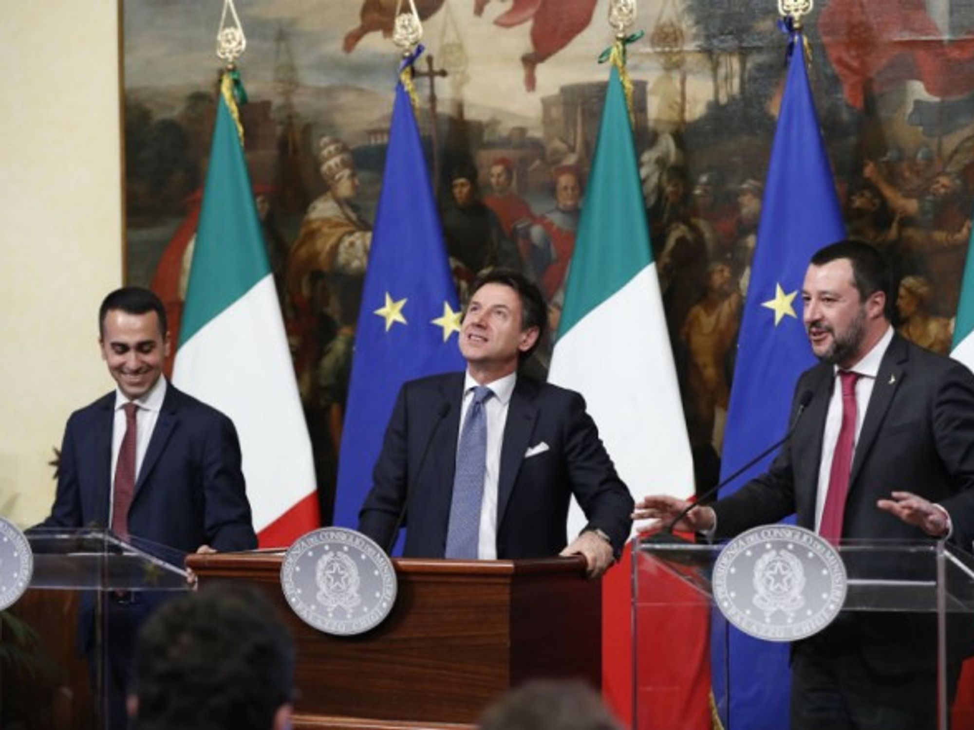 Luigi Di Maio, Giuseppe Conte and Matteo Salvini at a press conference