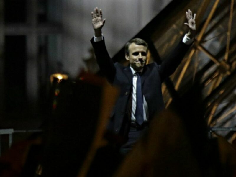 Macron celebrates his victory Sunday night