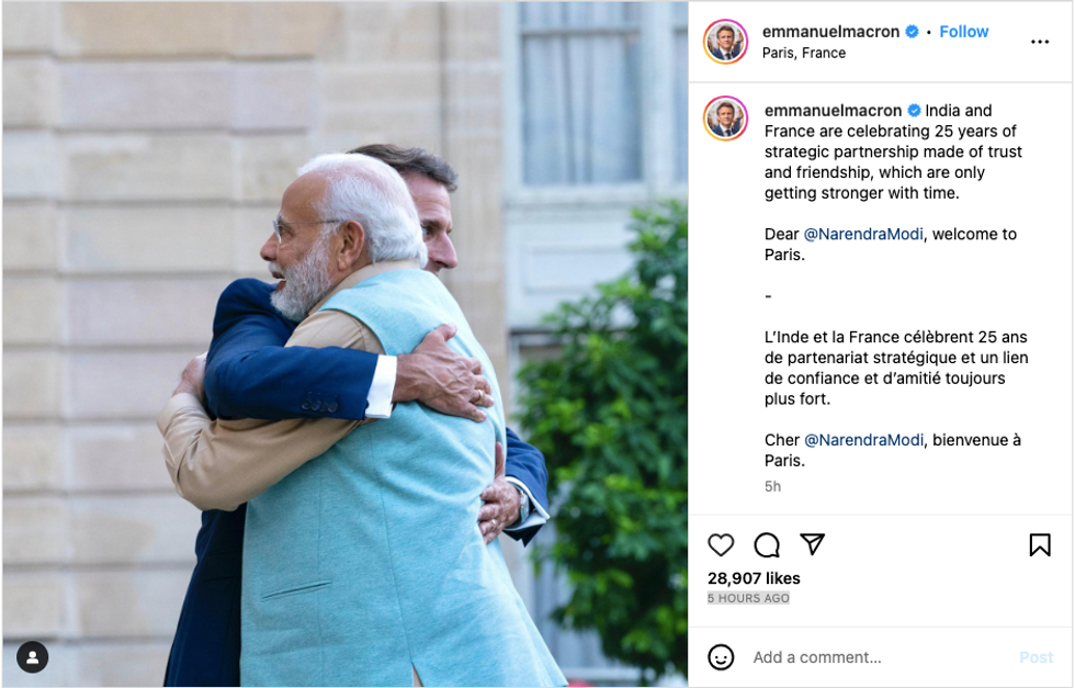 Macron's no-reservations welcome for Modi at the French presidential palace on Friday