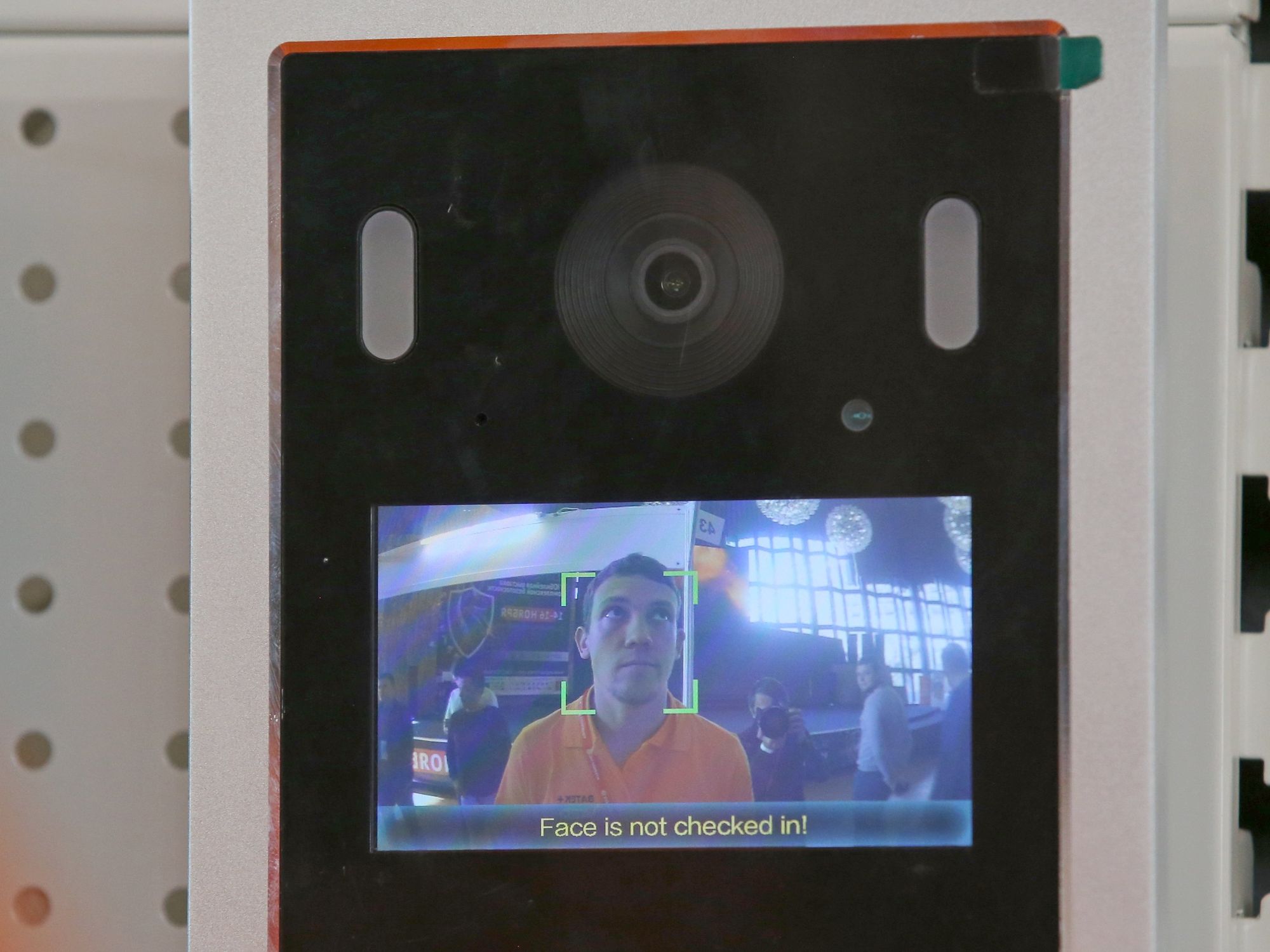 Man on a screen at the 5th ''Safety. Crimea 2019'' integrated security exhibition at the Yalta Intourist Hotel