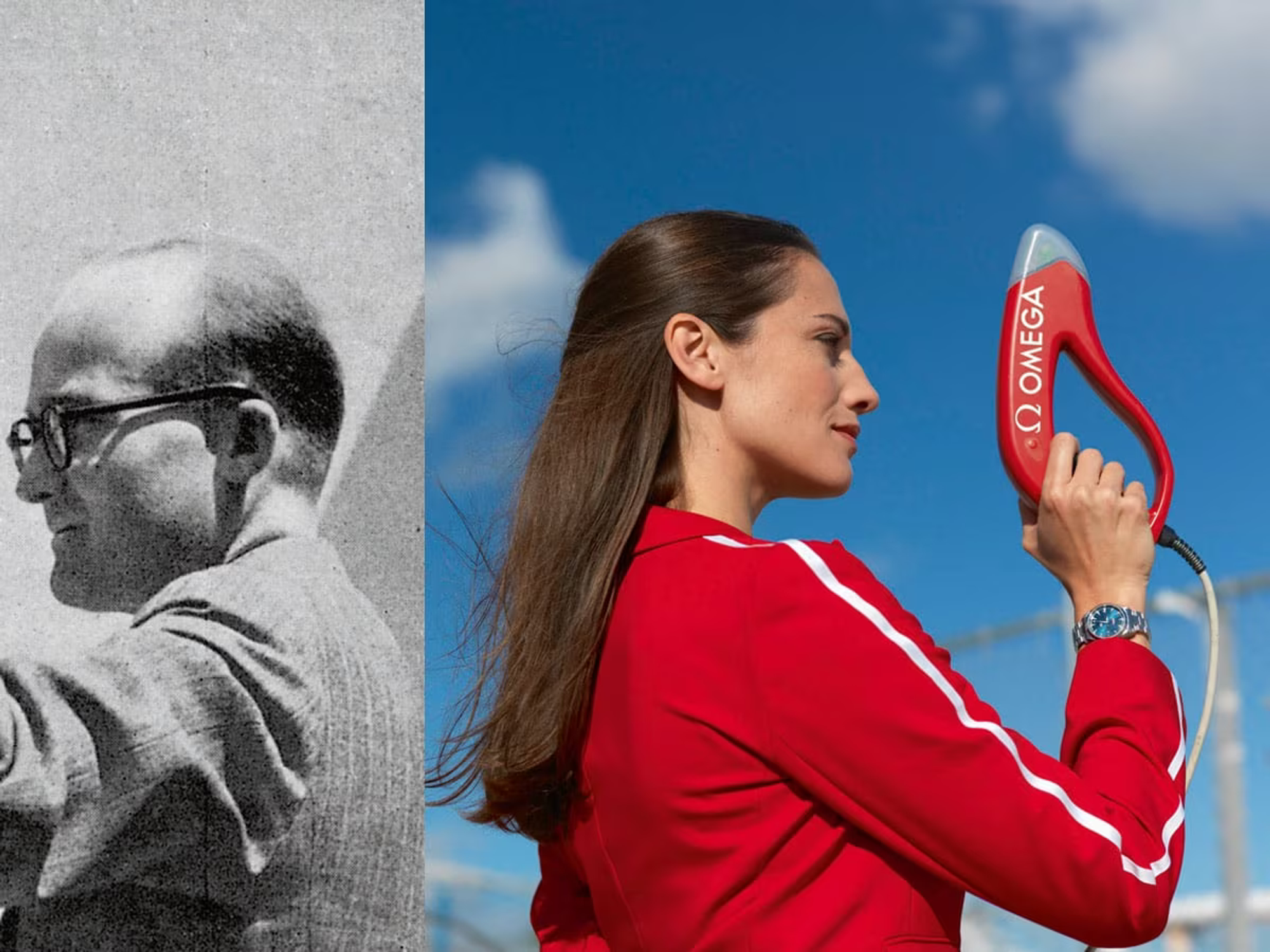 Man with a revolver stands next to a woman with Omega watch.