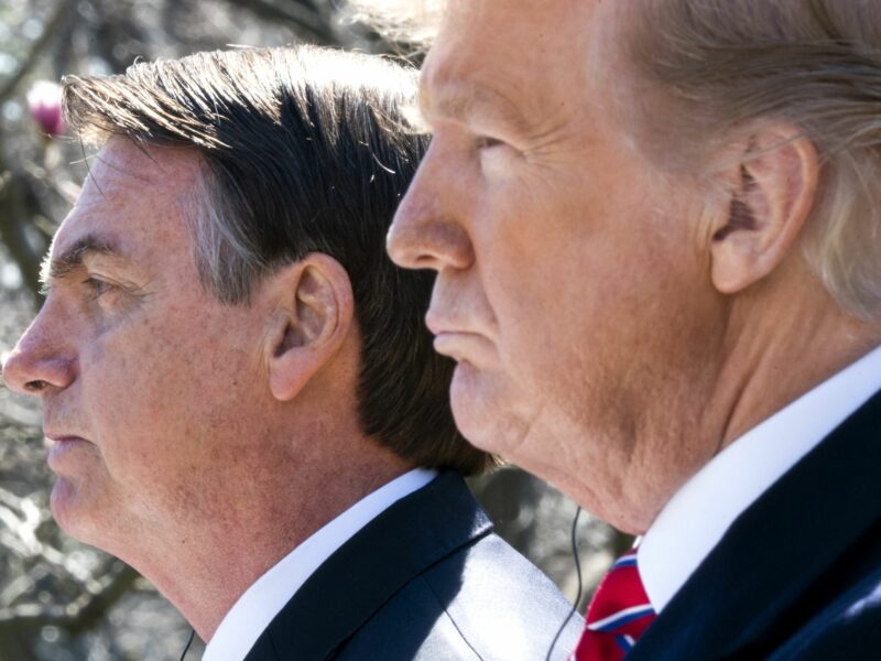 March 19, 2019 - Washington, District of Columbia, U.S. - US President Donald J. Trump (R) and Brazilian President Jair Bolsonaro (L) attend a press conference in the Rose Garden of the White House in Washington, DC, USA, 19 March 2019. Bolsonaro, a right-wing nationalist, earned the nickname the 'Trump of the Tropics.'.Credit: Jim LoScalzo / Pool via CNP (Credit Image: © Jim Loscalzo/CNP via ZUMA Wire)