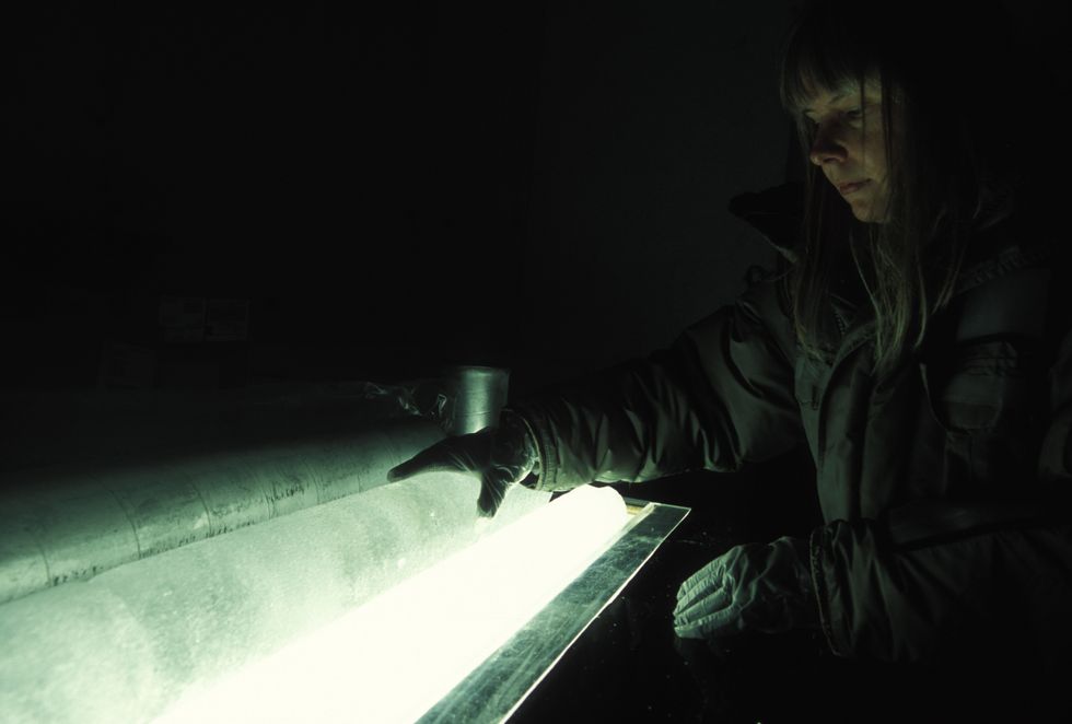 MARY DAVIS views Ice cores in Lonnie Thompson's lab at the Byrd Polar Research Center in Ohio