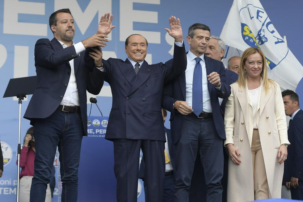 Matteo Salvini, Silvio Berlusconi, Maurizio Lupi and Giorgia Meloni attend the final rally of their election campaign in Rome.