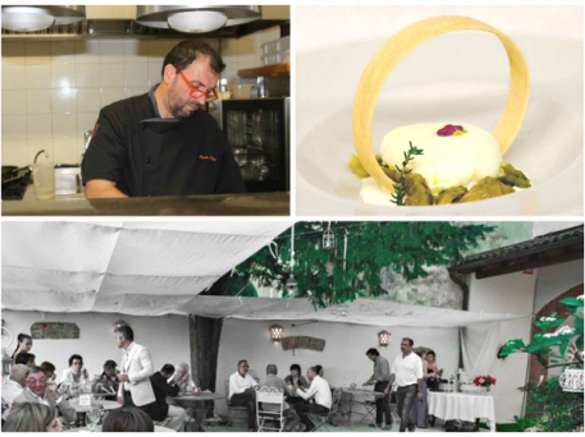 Mauro Bellotti cooking, Raviolini and artichokes and the restaurant's terrace