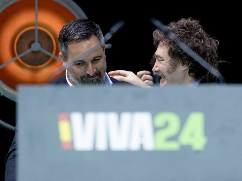 May 19, 2024, Madrid, Spain: VOX leader Santiago Abascal (left) and the president of Argentina, Javier Milei (right), during VOX's 'Viva 24' event at the Palacio de Vistalegre, May 19, 2024, in Madrid (Spain). The event, called 'Viva 24' and organized by VOX on an annual basis, celebrates its third edition with the participation of international leaders, among them the Argentine president, Javier Milei. In addition, during this year's edition, the party presented its electoral program for the European elections on June 9...19 MAY 2024..Carlos Lujü¡n / Europa Press..05/19/2024 (Credit Image: © Carlos Lujü¡N/Contacto via ZUMA Press)