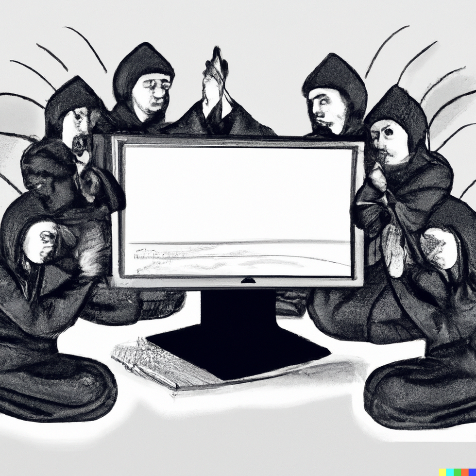 Medieval-looking, AI-generated image of monks venerating a computer.