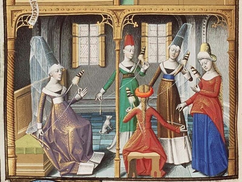 Medieval painting of women weaving