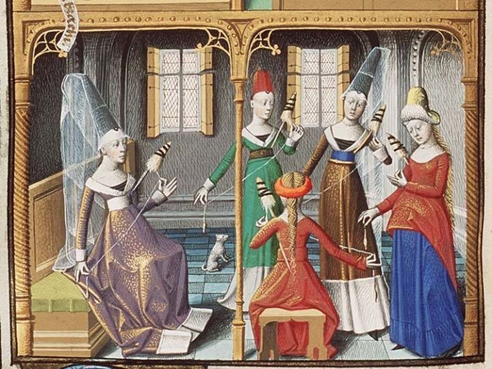 Medieval painting of women weaving