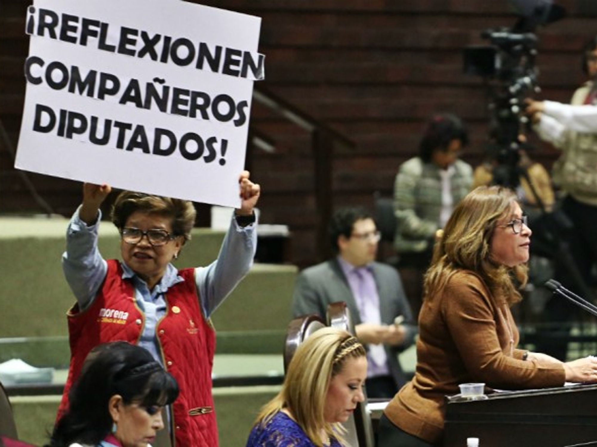 Members of the Mexican political party Morena protesting