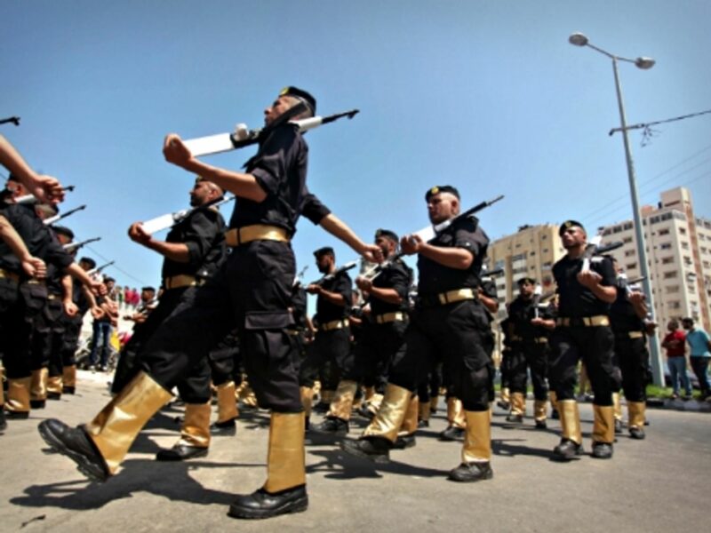 Members of the Palestinian Hamas security forces parading in Gaza on June 16