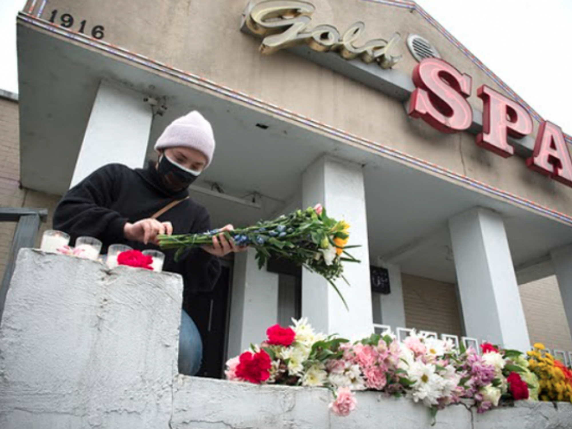 Memorial at the Gold Spa, one of the three Atlanta massage parlors targeted in this week’s shootings.