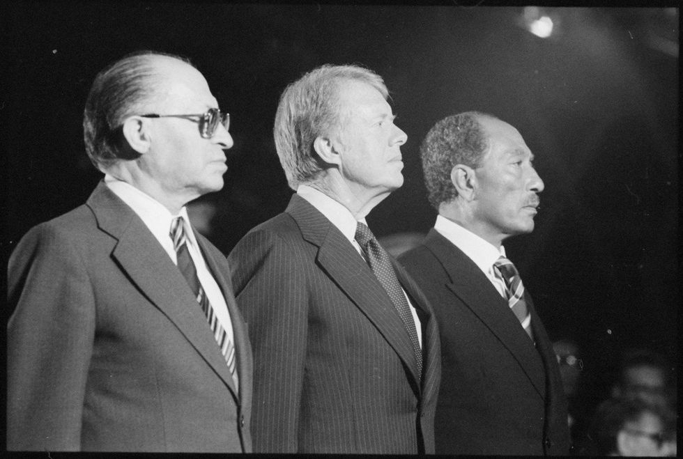 Menahem Begin, Jimmy Carter and Anwar Sadat at Camp David.