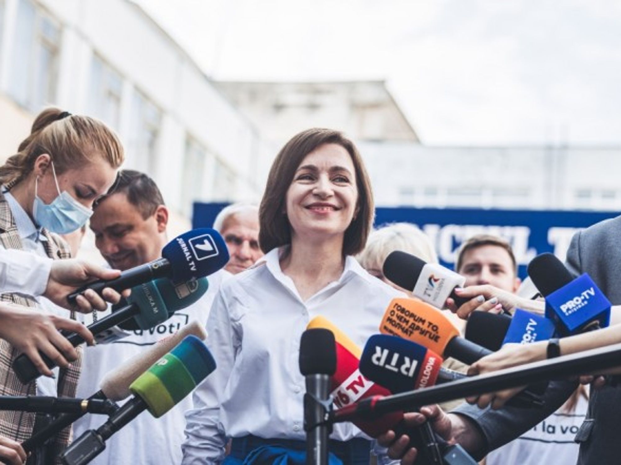 Moldovan President Maia Sandu speaks to the press during parliamentary elections