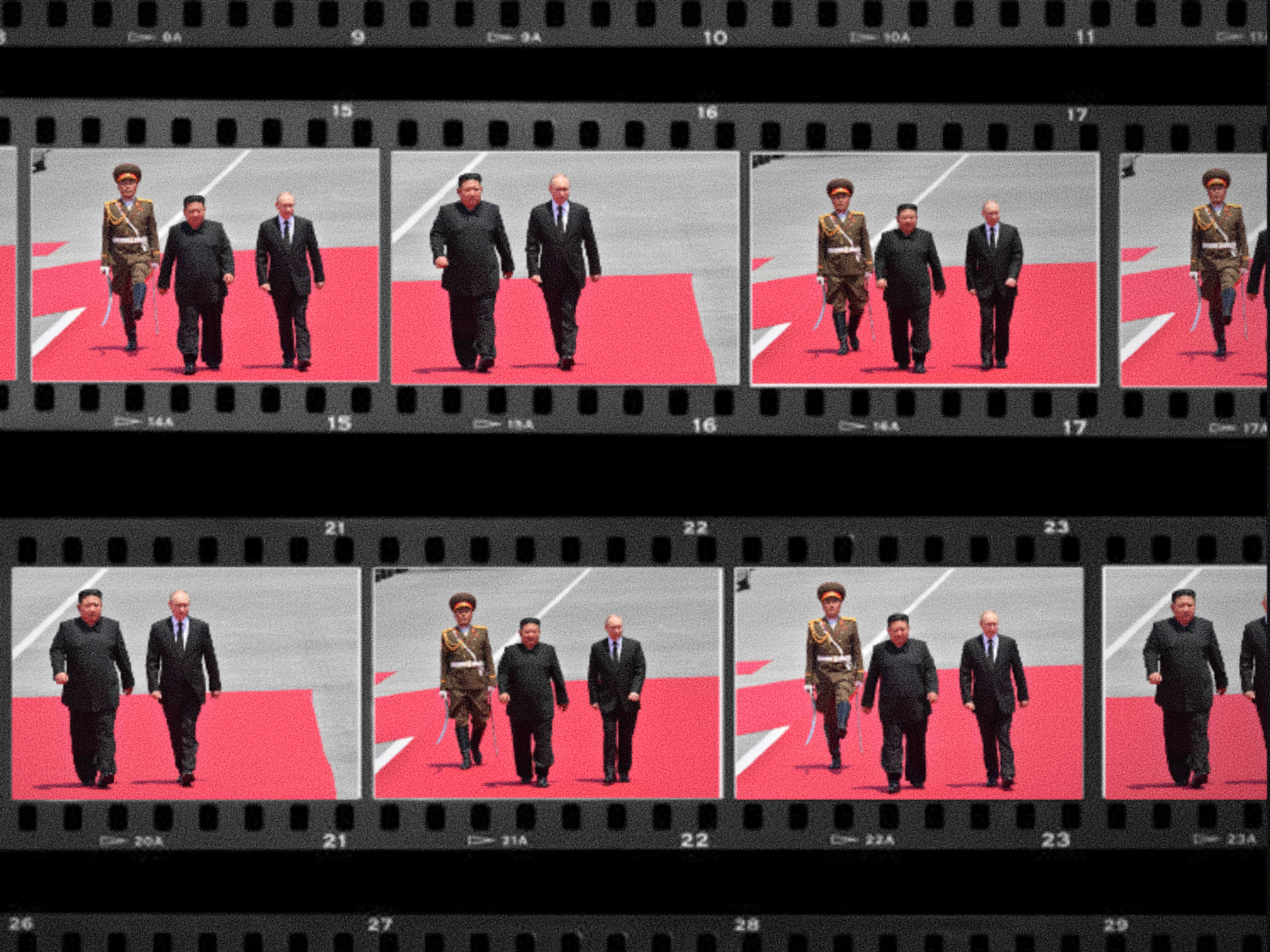 Montage of a photo contact sheet showing several photos of Kim Jong-un and Vladimir Putin walking on a red carpet