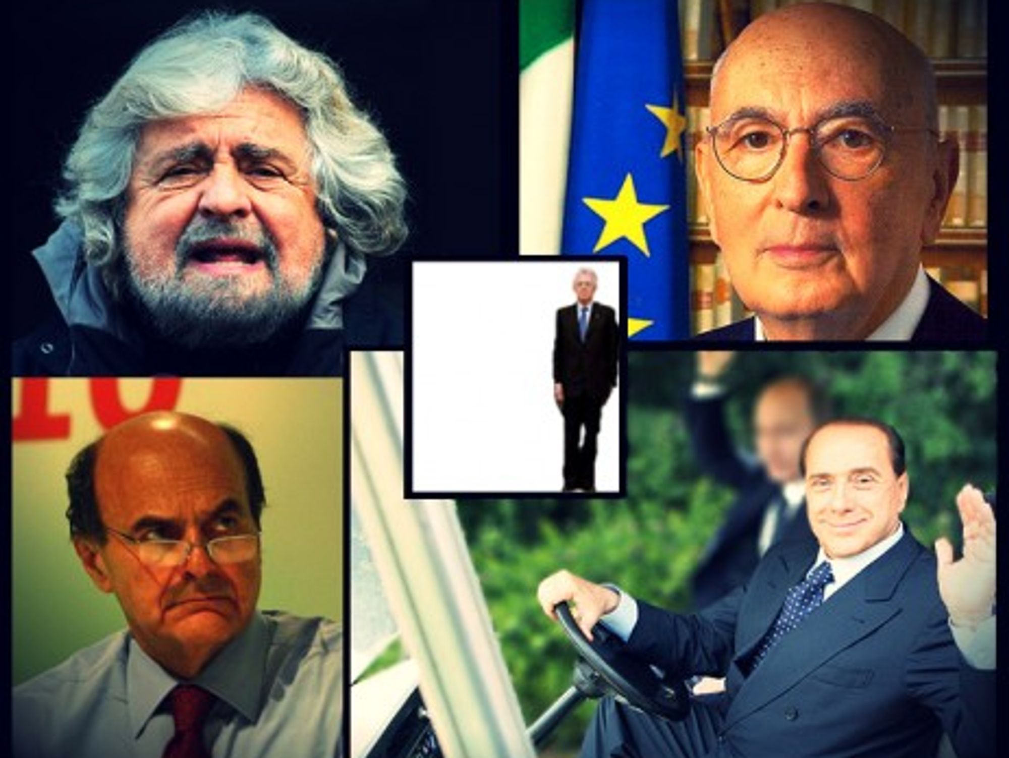 Monti (center) ended up looking small in the political ring. Also pictured clockwise from top left: Grillo, Napolitano, Berlusconi, Bersani