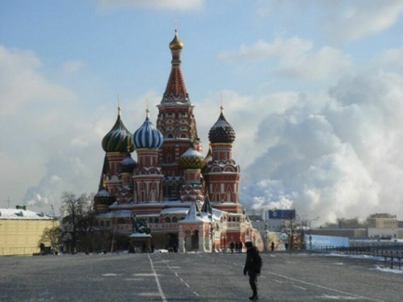 Moscow's St. Basil cathedral surrounded by incinerator smoke.