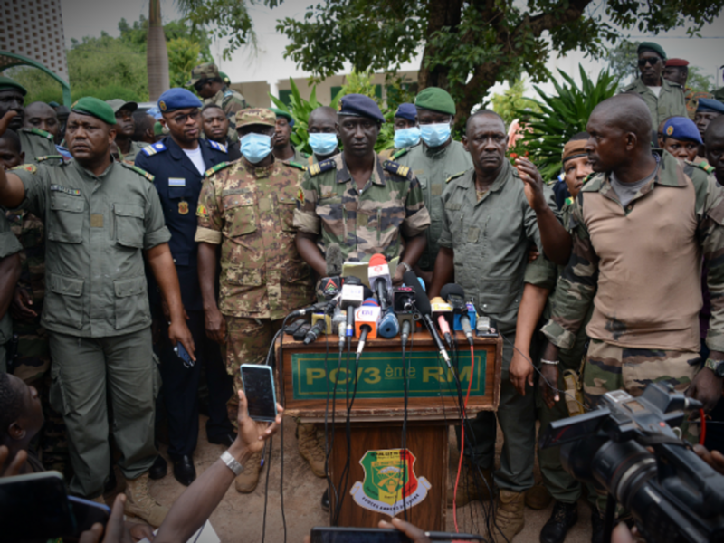 Mutinying soldiers speaking at a press conference near Bamako on Aug. 19