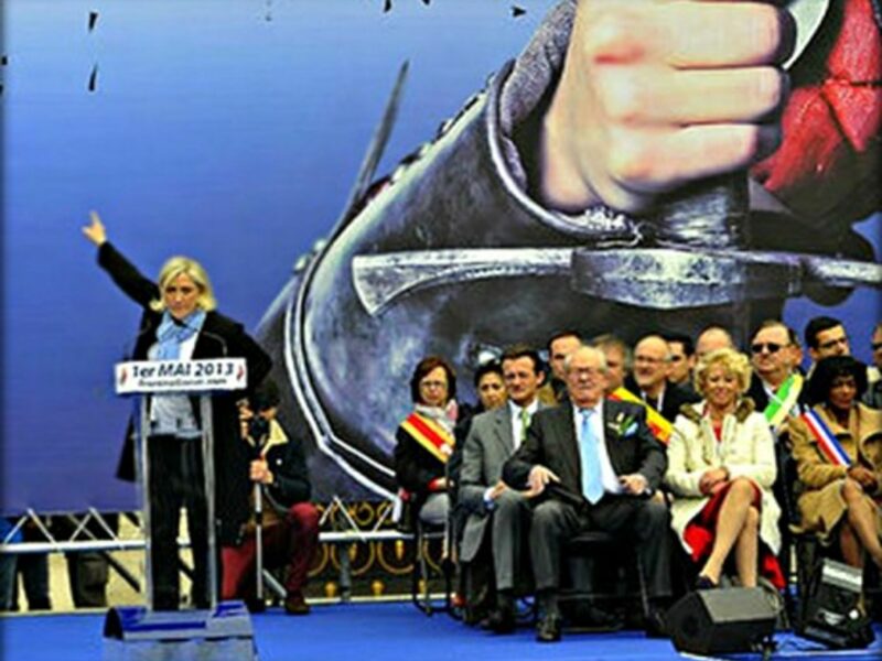 National Front leader Marine Le Pen speaking at a party rally in May 2013