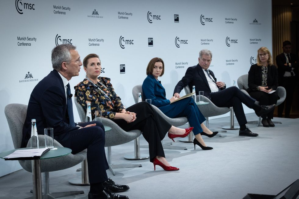 NATO Secretary General Jens Stoltenberg at the Munich Security Conference with the Prime Minister of Denmark, Mette Frederiksen, the President of Moldova, Maia Sandu, and the President of Finland, Sauli Niinistö.