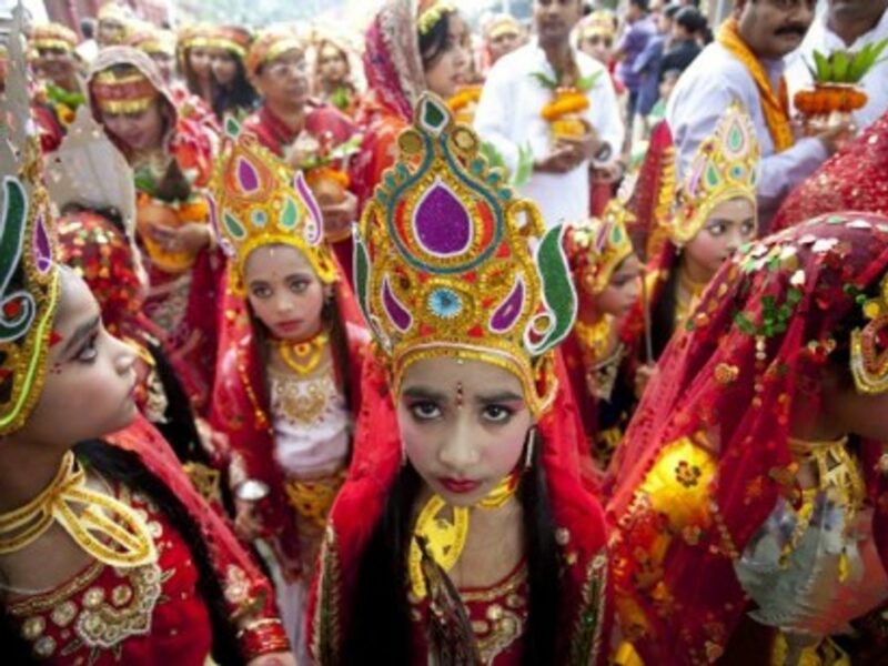 Nepalese girls celebrate the beginning of the Dashain festival.
