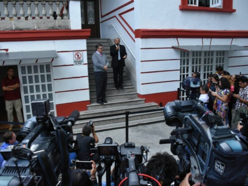 New president-elect of Mexico Andres Manuel Lopez Obrador and new Minister of Foreign Affairs Marcelo Ebrard during a press conference on July 10 in Cidade Do Mexico