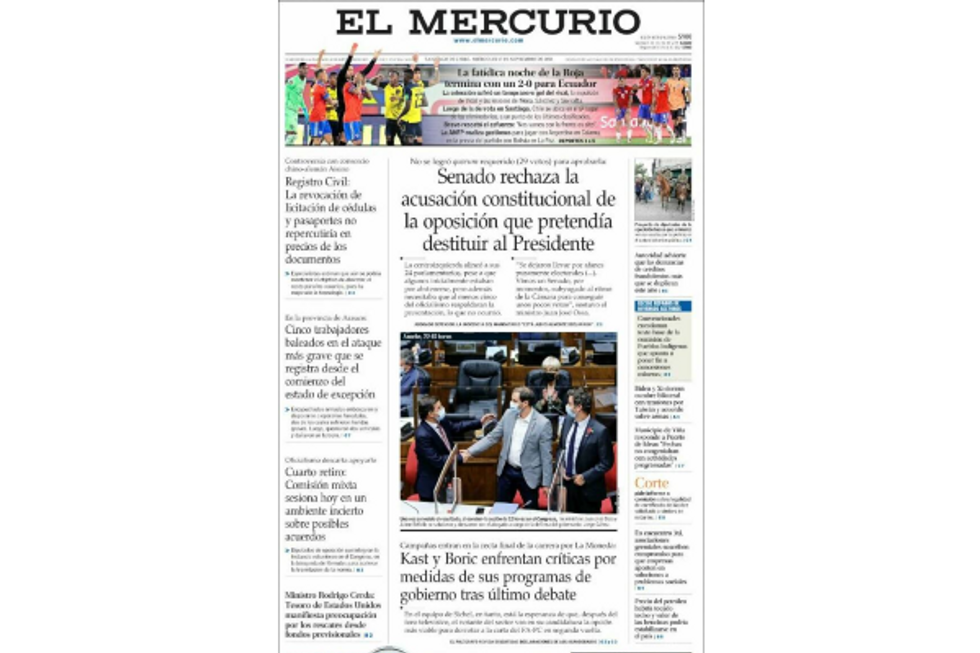 Nov 17 front page of Chilean daily El Mercurio on the country's Senate voting against impeaching President Sebastian Piñera