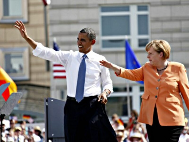 Obama and Merkel at the Brandenburg Gate in Berlin last year.