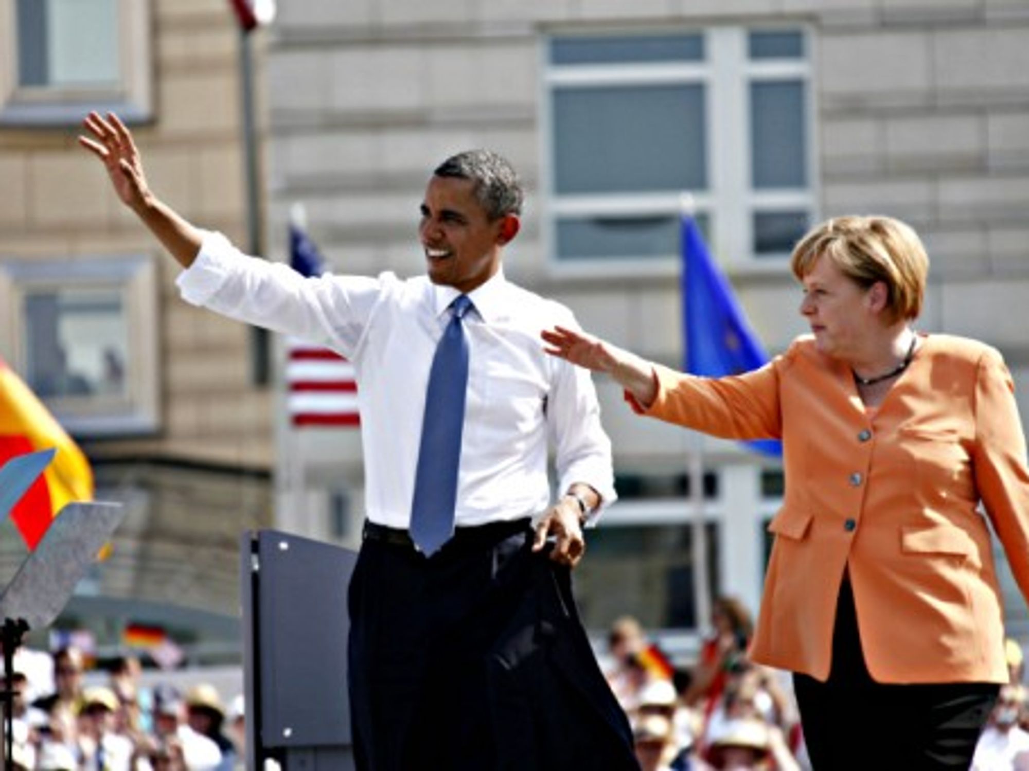 Obama and Merkel at the Brandenburg Gate in Berlin last year.