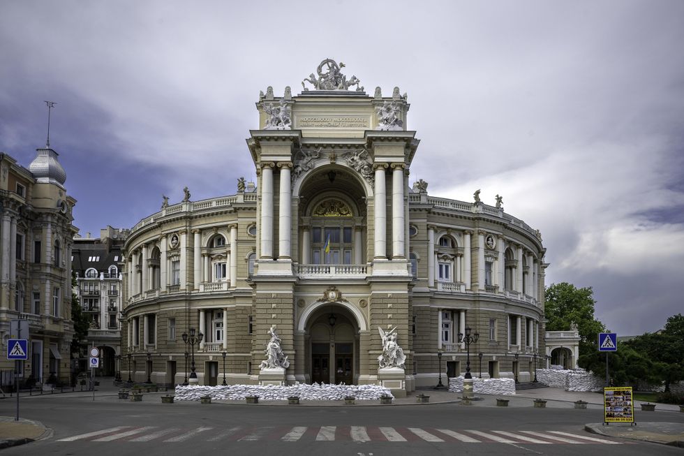 Odessa's National Academic Theatre of Opera and Ballet surrounded by sandbags