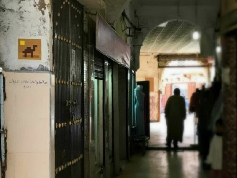 One of Invader's latest creations, a tiled camel gazes down a Moroccan hallway.