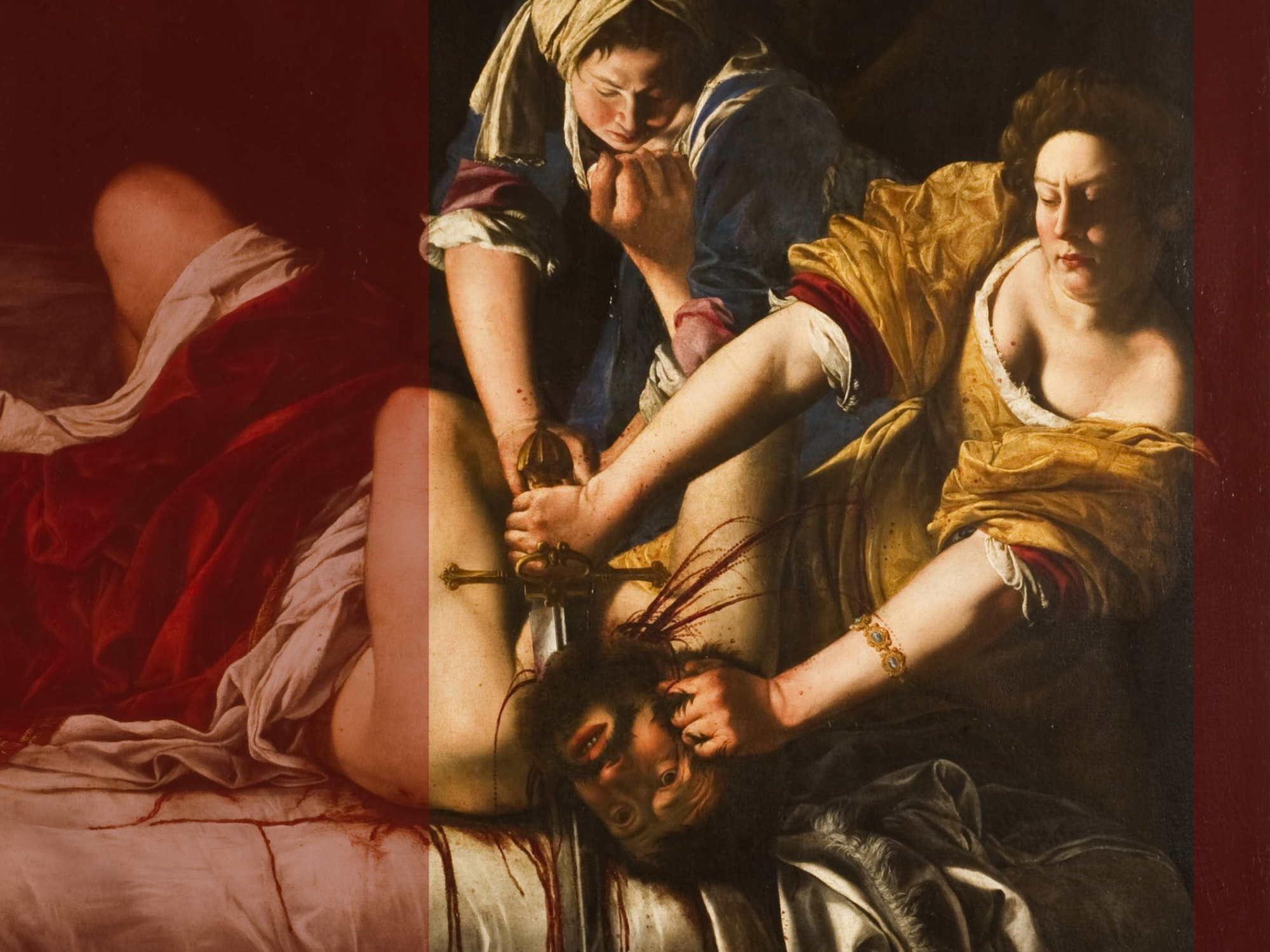 Painting of Artemesia Gentileschi's Judith slaying Holofernes, which she began in 1614. The painting depicts the Biblical scene, with Two women pin down a man on a bed. With one hand, Judith holds his head; with the other, she slices his throat with a long sword.