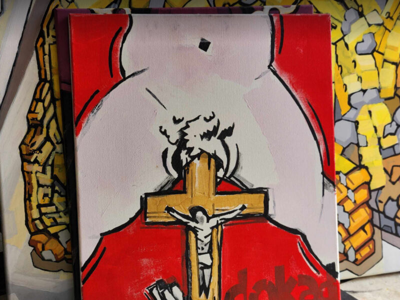 Painting of cross entering a woman's body.