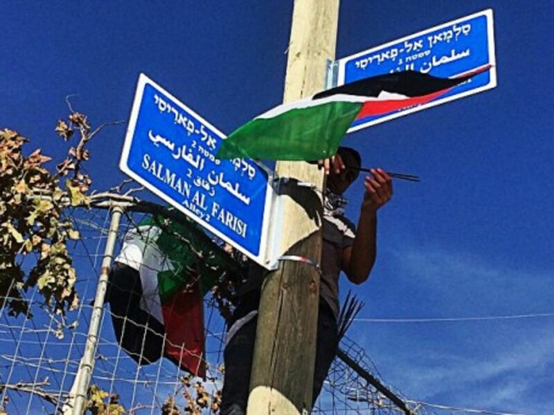 Palestinian flags are draped on electrical poles