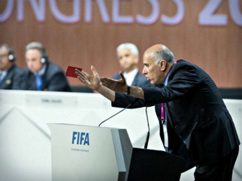 Palestinian soccer chief Jibril Rajoub giving Israel a red card at the FIFA Congress in Zurich on May 29