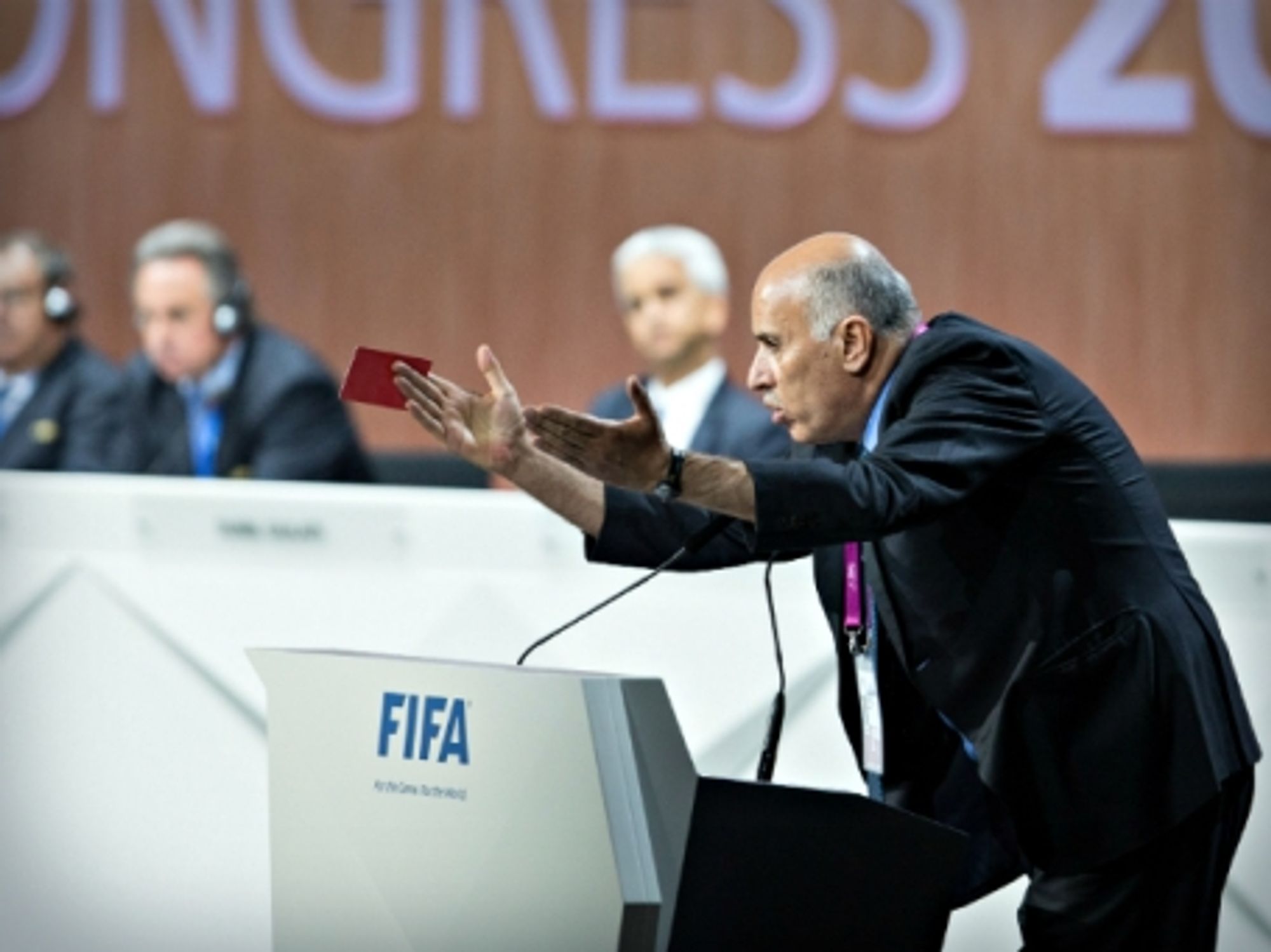 Palestinian soccer chief Jibril Rajoub giving Israel a red card at the FIFA Congress in Zurich on May 29