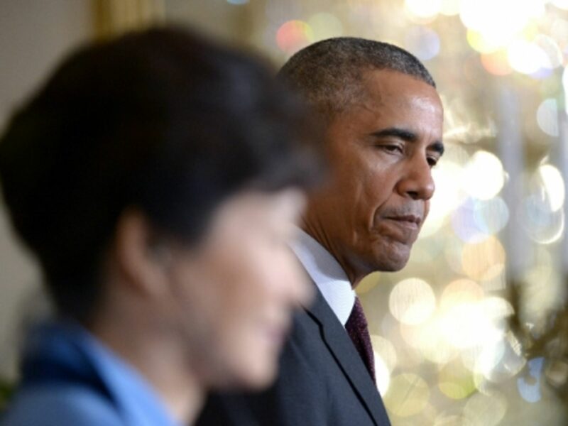 Park Geun-hye and Barack Obama in Washington, DC, on Oct. 16