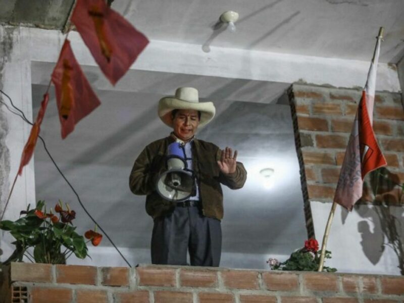 Pedro Castillo talking to his supporters after election results in June