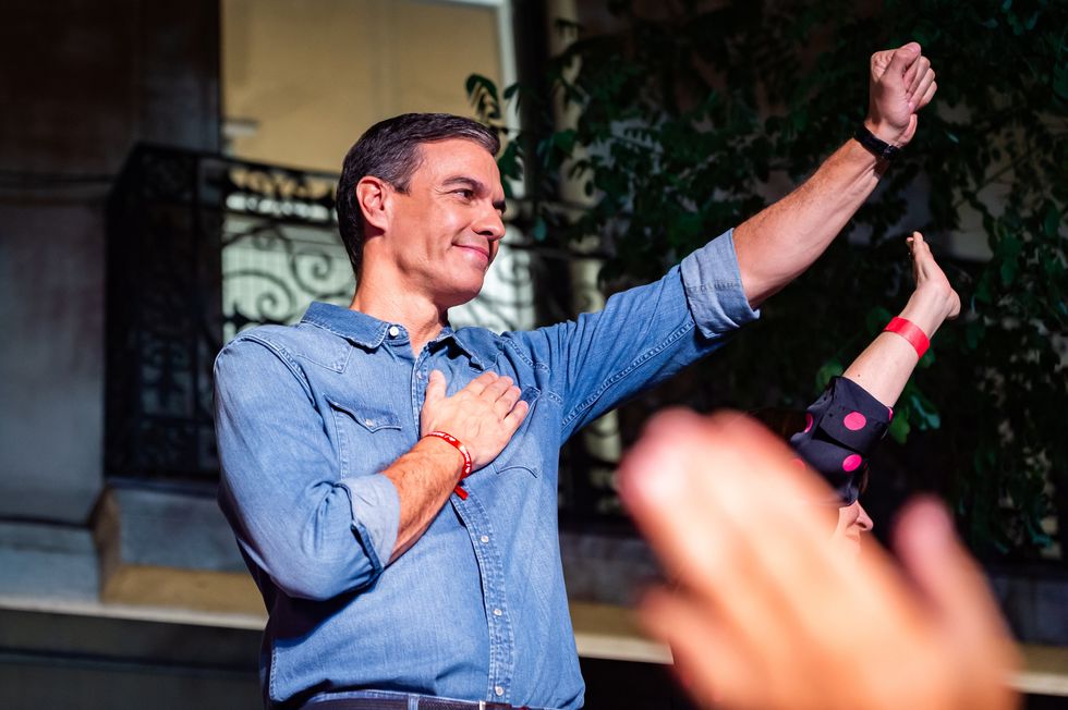 Pedro Sanchez, Spanish prime minister and secretary of the PSOE party, celebrates the results of the election on the night of 23 July 2023​.