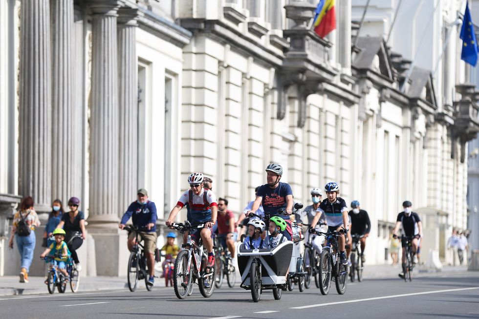 People cycle on Car Free Sunday in Brussels.