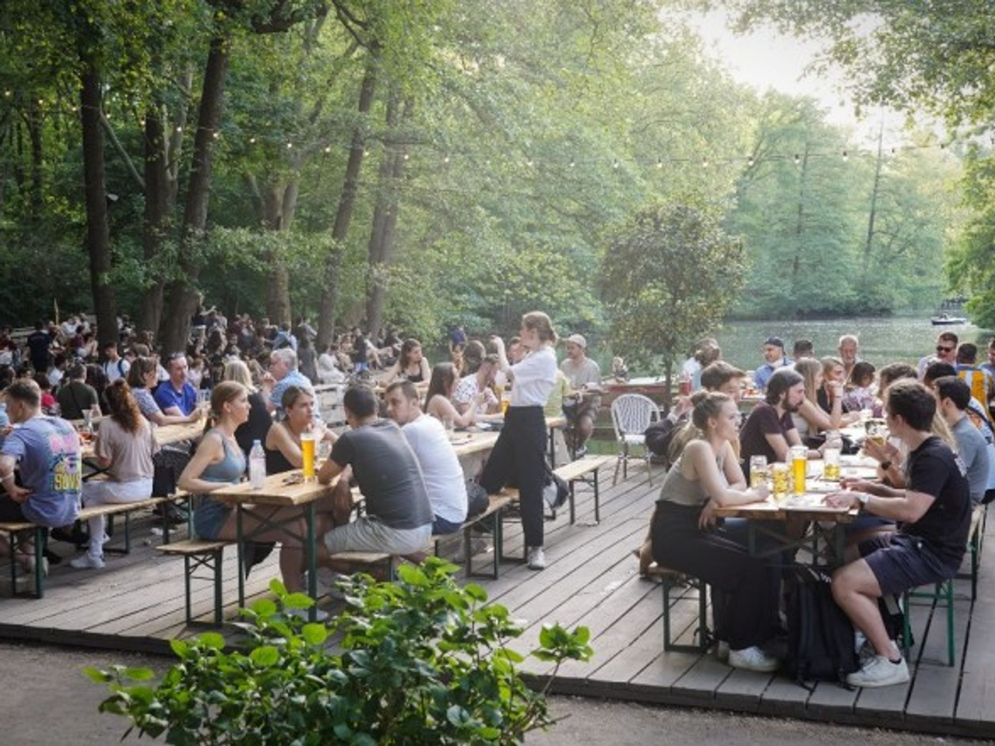 People enjoy a beer garden in Berlin, Germany on June 5, 2021.