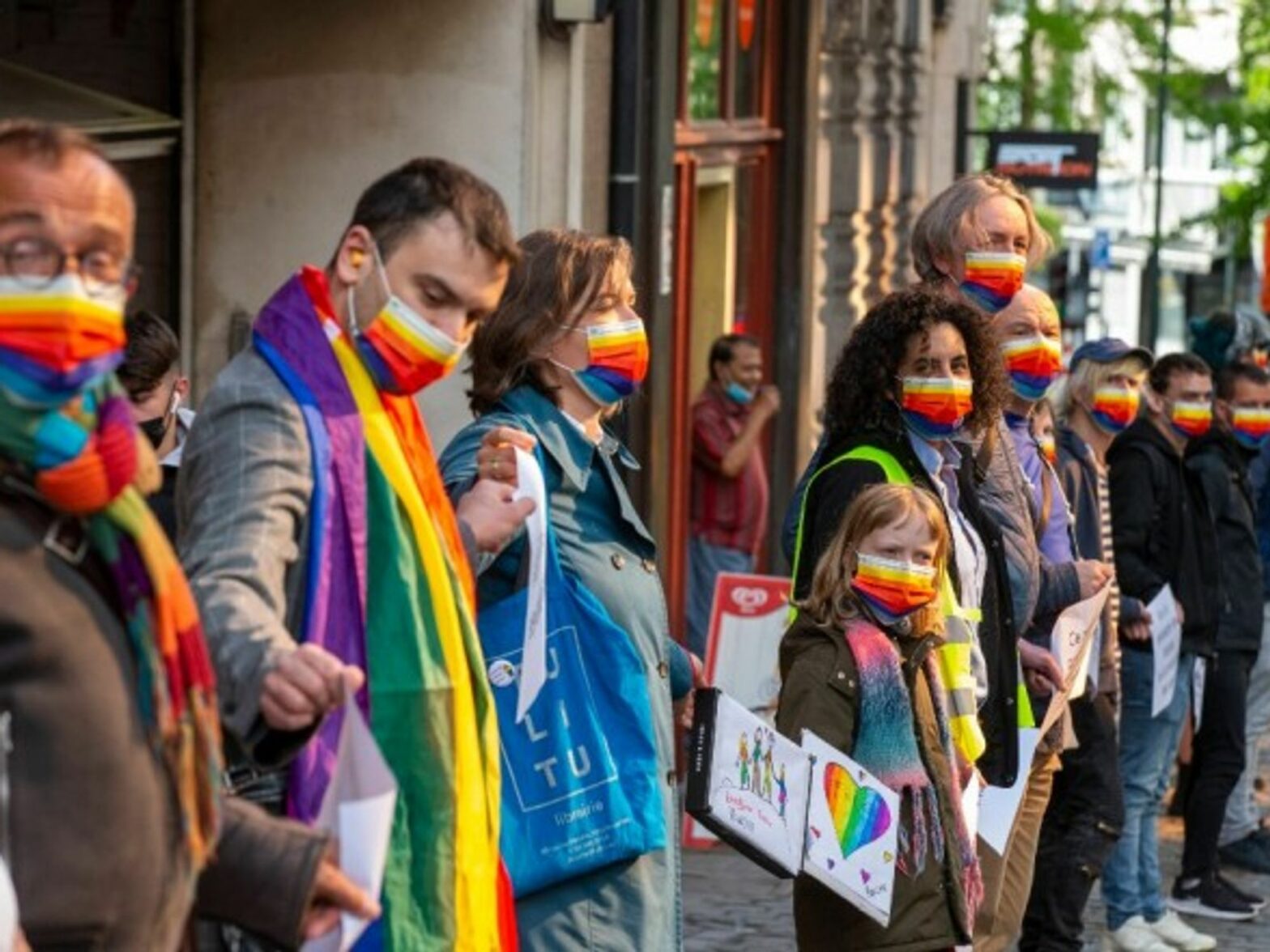 People form a human chain to raise awareness for discrimination against LGBTQI+ in Brussels, Belgium, on the International Day Against Homophobia, Transphobia and Biphobia —