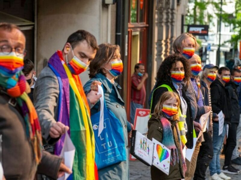 People form a human chain to raise awareness for discrimination against LGBTQI+ in Brussels, Belgium, on the International Day Against Homophobia, Transphobia and Biphobia —