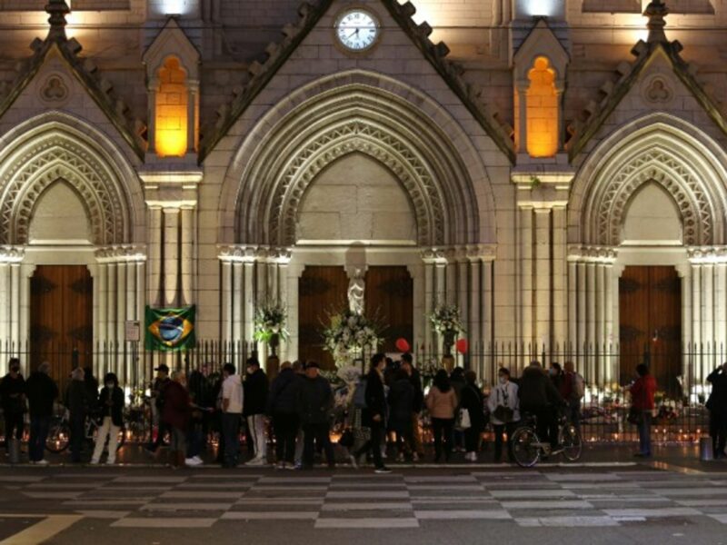 People gathering outside the Notre Dame basilica in Nice following the knife attack during which three people were killed