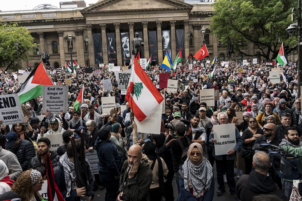 People in their tens of thousands rally in Melbourne in support of Palestine and in solidarity with the Palestinian people as the State of Israel continues its bombing attacks of Gaza, resulting in the killing of thousands of civilians and displacement of hundreds of thousands more - with no means of escape.
