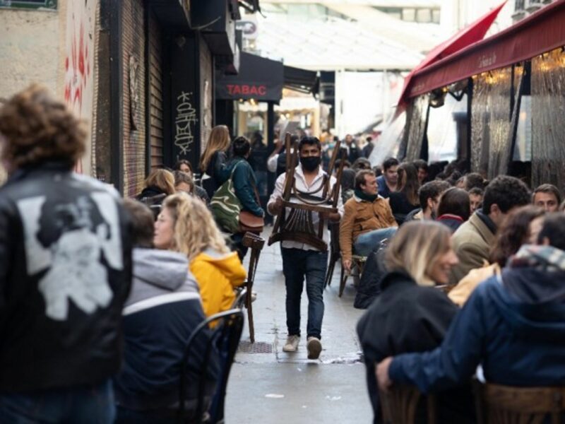 People sitting on outside terraces in Paris as restaurants and cafés reopen, May 19, 2021.