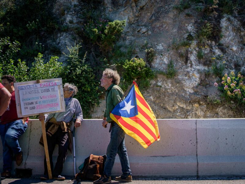 People sitting on the side of the highway, one holding a sign, another a flag