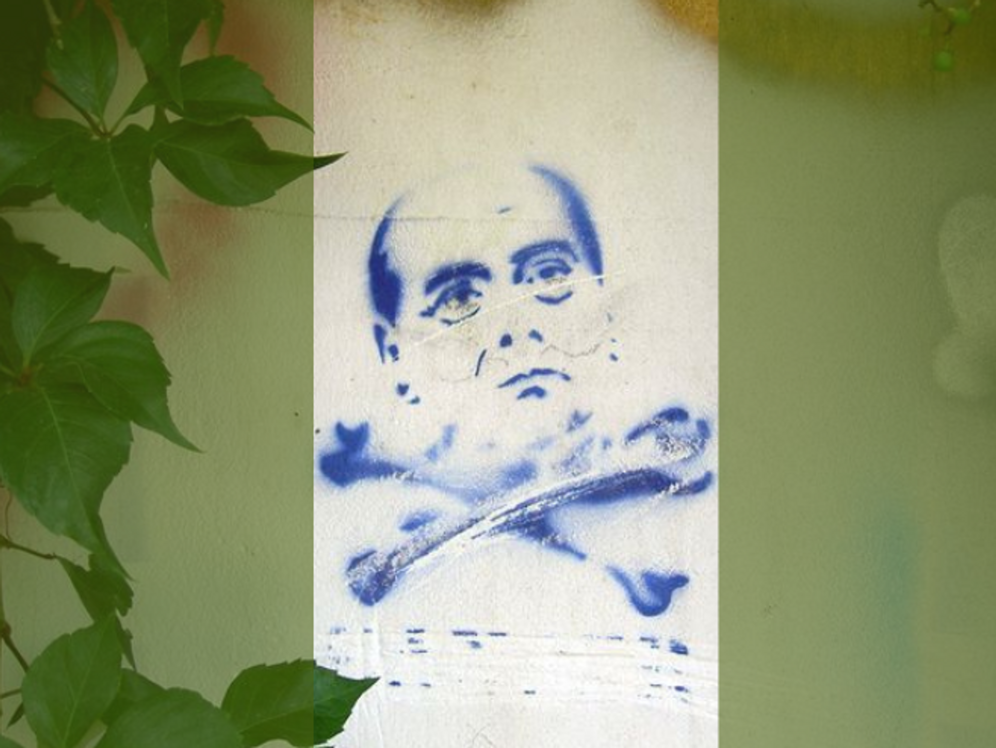 Photo of a Berlusconi stencil graffiti depicting the politician as a skull and bones. Taken in Merano, Italy.